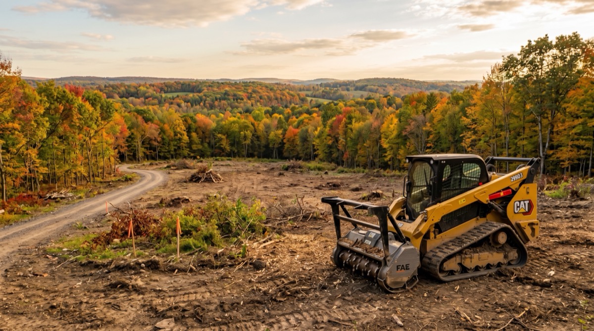 Compact track loader with forestry mulcher attachment on a partially cleared rural property