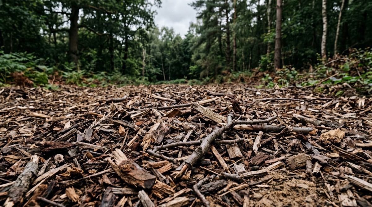 Close-up of freshly mulched ground showing shredded wood chips and small branches