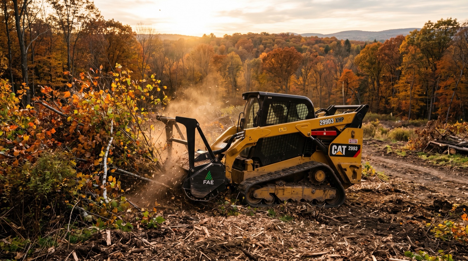 Forestry mulcher attachment on a compact track loader clearing brush